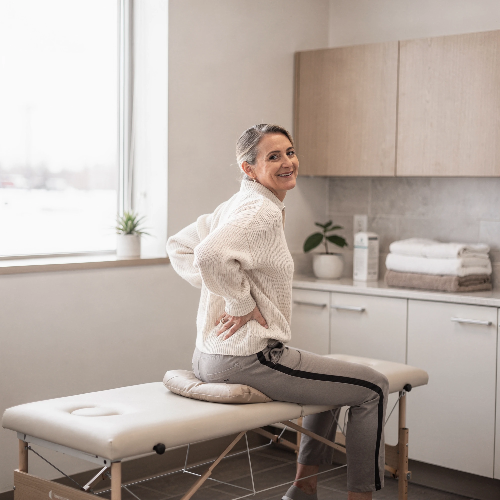 Woman holding her lower back while sitting on an examination table in a clinical treatment room